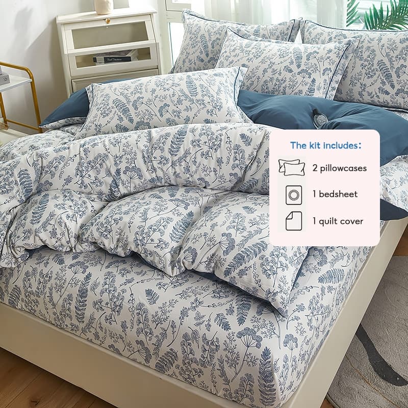 Washed Cotton Fitted Bedsheet Set 4-Piece
