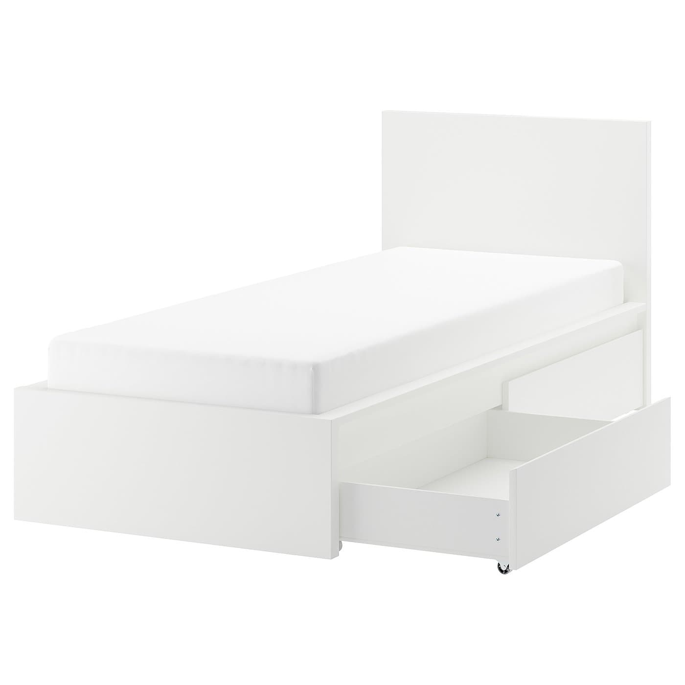 MALM Bed frame, high, w 2 storage boxes - white/Luröy 90x200 cm — image 1
